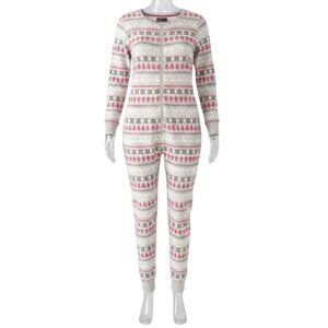 Merry Lane Women Fair Isle Fleece One-Piece Pajamas Sleeper Suit Gray Red 2X NWT